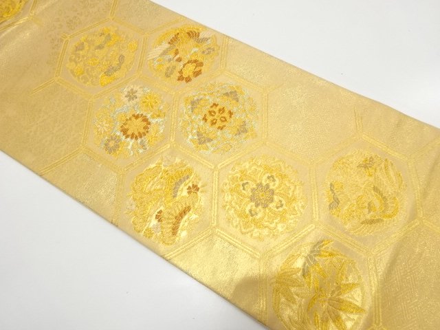 亀甲に鴛鴦・草花模様織り出し　袋帯